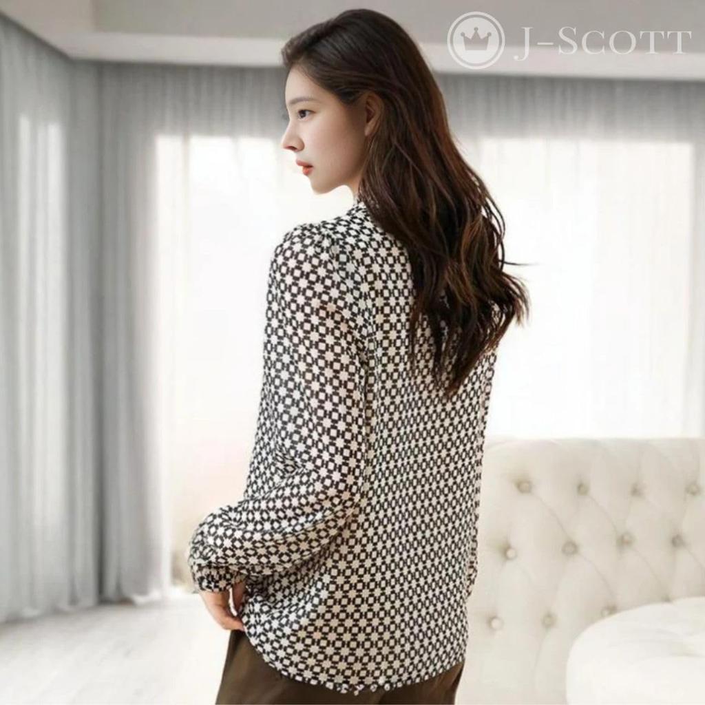 J-Scott Women's Printed Blouse, Pullover, Long Sleeve, Puff Sleeves, Geometric Print, Sheer Chiffon, Monochrome, White, JS17-WH-S