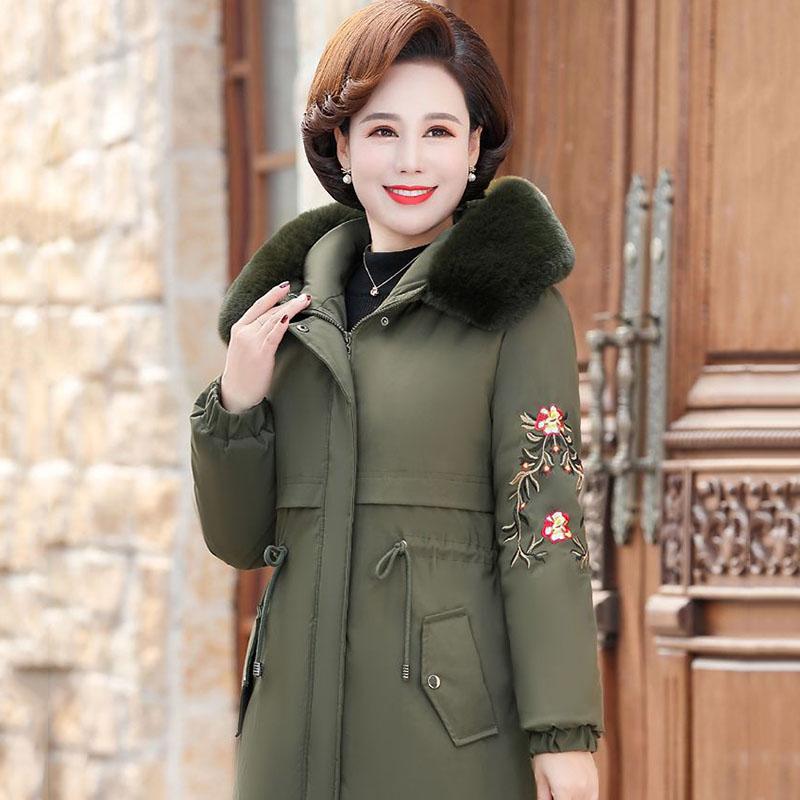 Autumn Winter Coat Down Cotton Jacket Middle-Aged Women Long Quilted Jackets Female Warm Hooded Fur Collar Parker Overcoat