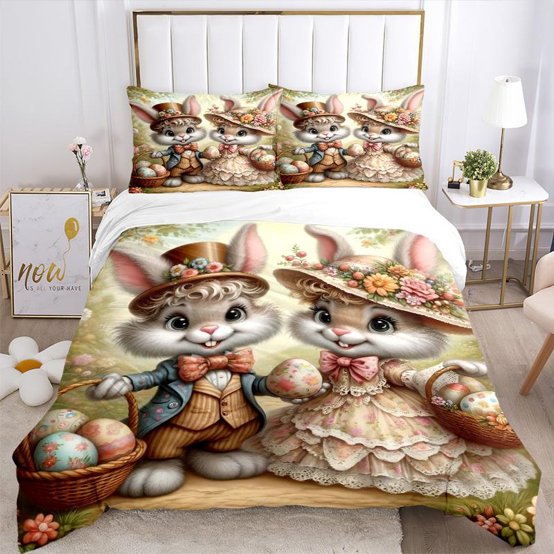 3pcs Easter Bunny Bedding Set - Includes One Quilt Cover and Two Pillowcases (No Core) - Anime Cartoon Design, Perfect for Bedroom and Guest