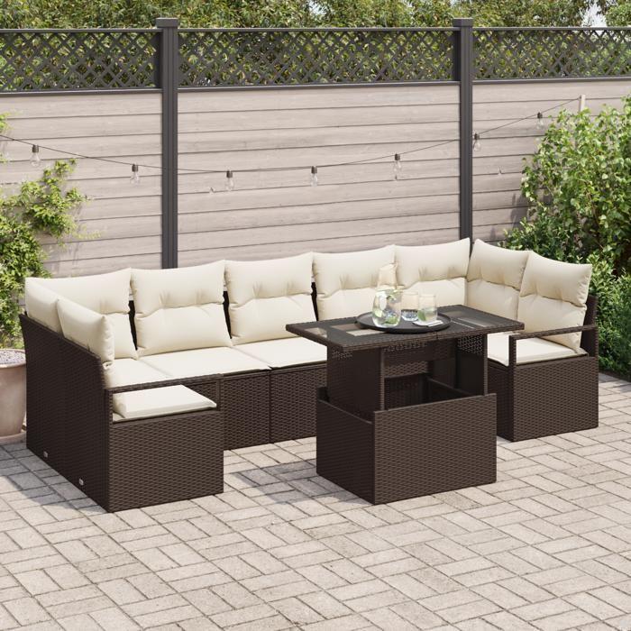 Set de Canapé de Jardin 8 Pièces avec Coussins Marron Rotin Poly, Canapé de Jardin 2 Places avec Coussins Marron Rotin Poly 3348774