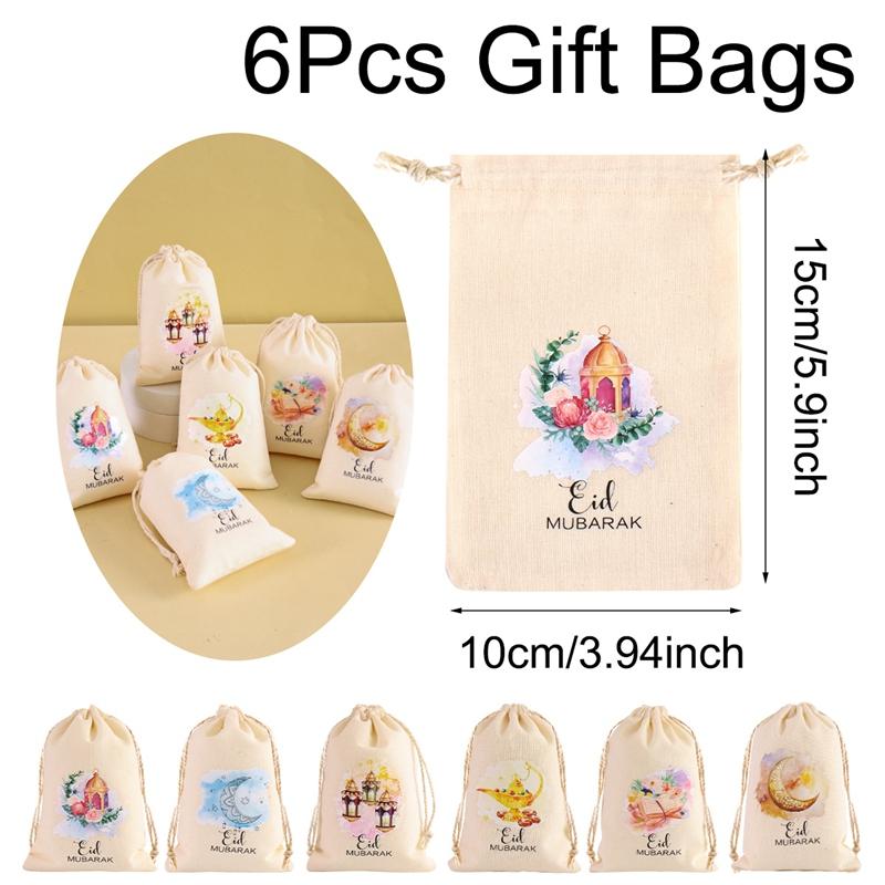 

6pcs Eid Mubarak Candy Bags Ramadan Kareem Decoration Cookies Gifts Packing Drawstring Bag For Islamic Muslim Party Supplies 10x15cm