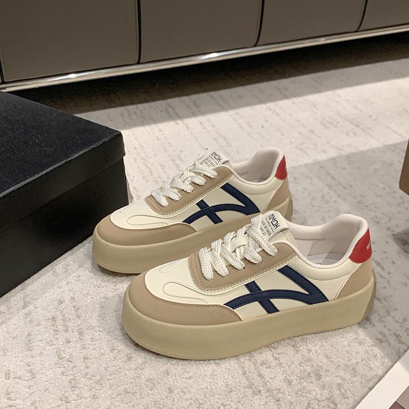 European Leather Thick Baseplate Shoes Women's Spring 2025 New Color Matching Versatile Internet Celebrity Leisure Sports Moral Training Shoes