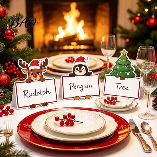 Santa Claus Name Tags Christmas Party Place Card Holders, Cartoon Reindeer Tag Stands Paper Food Labels for Buffet Table Seating, Festive DIY Write-On