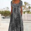 Europäisches & Amerikanisches Sommer Retro Print Mittelhoher Taillenlanger Kleid - Kurzarm, Rundhalsausschnitt, Bequemer Lässiger Stil Pullover