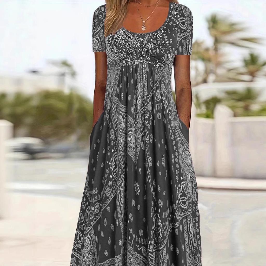Europäisches & Amerikanisches Sommer Retro Print Mittelhoher Taillenlanger Kleid - Kurzarm, Rundhalsausschnitt, Bequemer Lässiger Stil Pullover