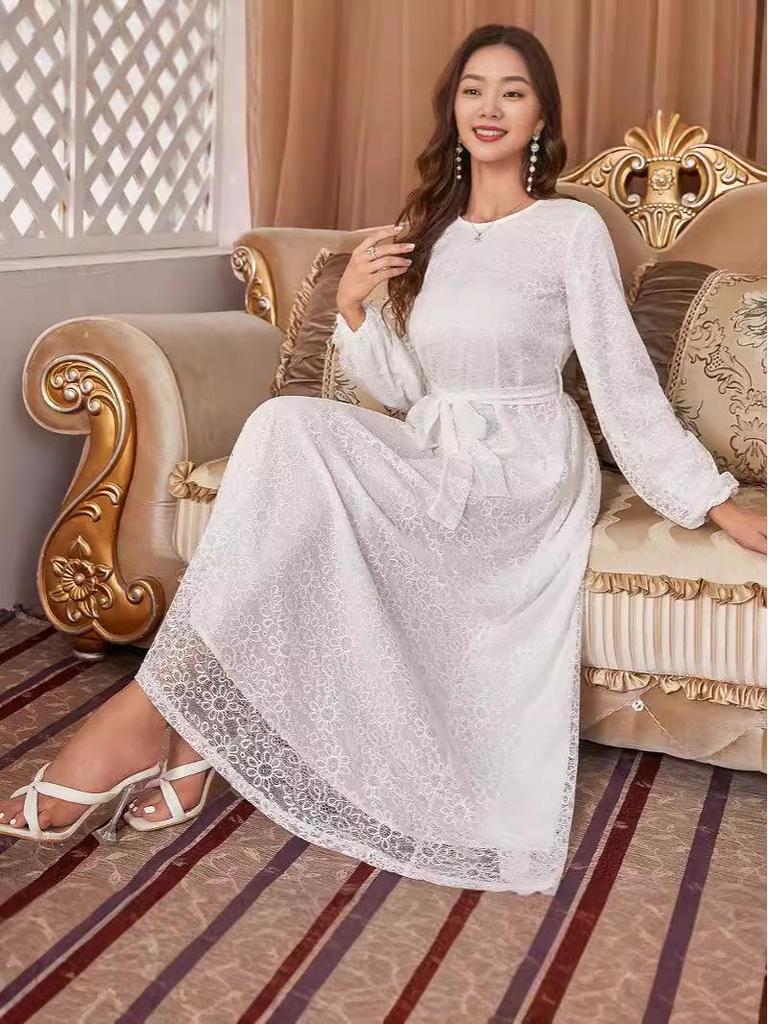 European and American Autumn/Winter Women's Round Neck Lace Tie Long Sleeve Slimming Evening Dress