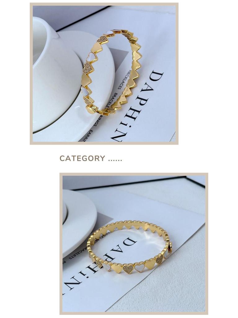 Exquisite Heart-Shaped Metal Bangle with Natural Shell & Zircon Inlay