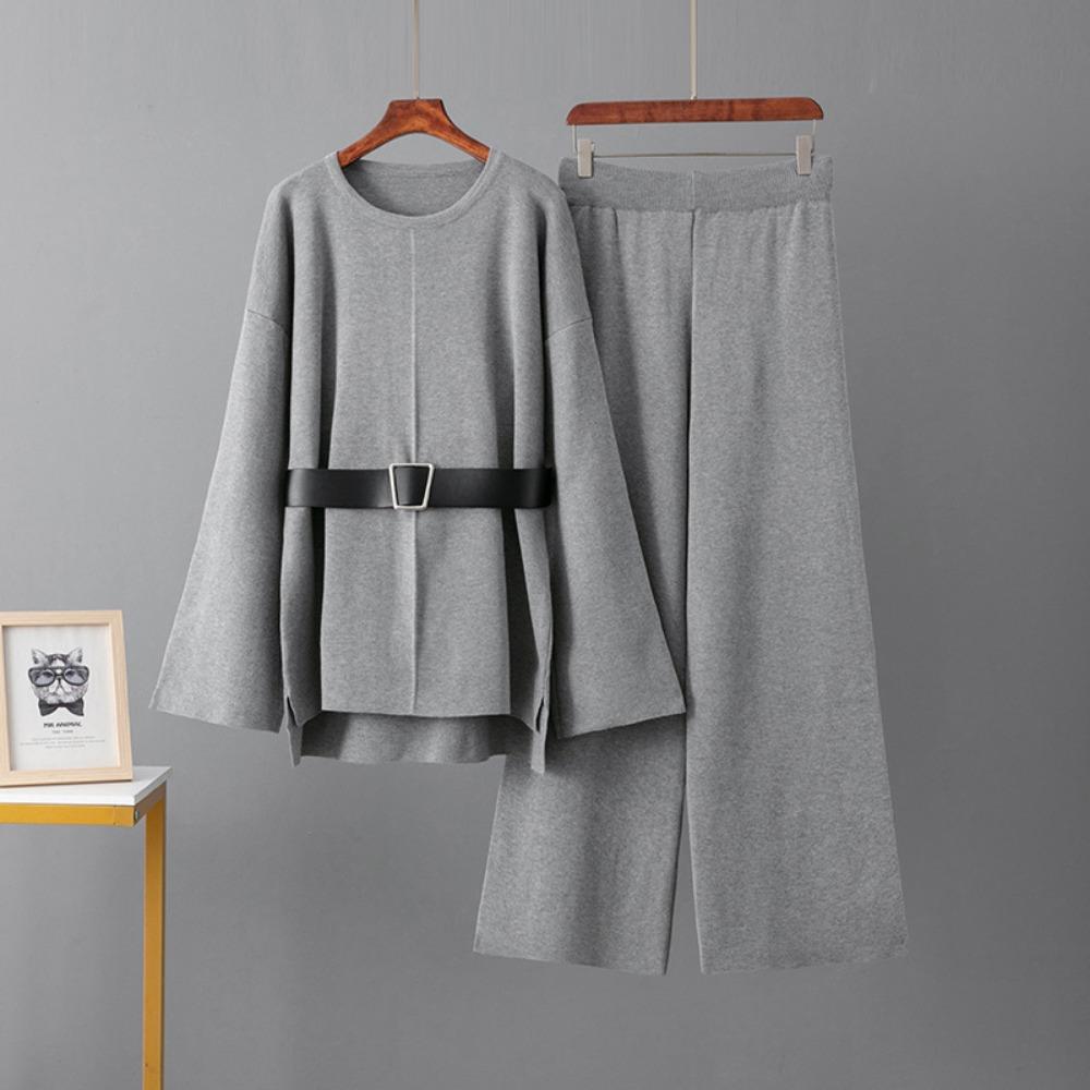 Pletené kalhoty se širokými nohavicemi, pas, svetrový oblek, dámský jarní a podzimní volný módní temperamentní dvoudílný oblek