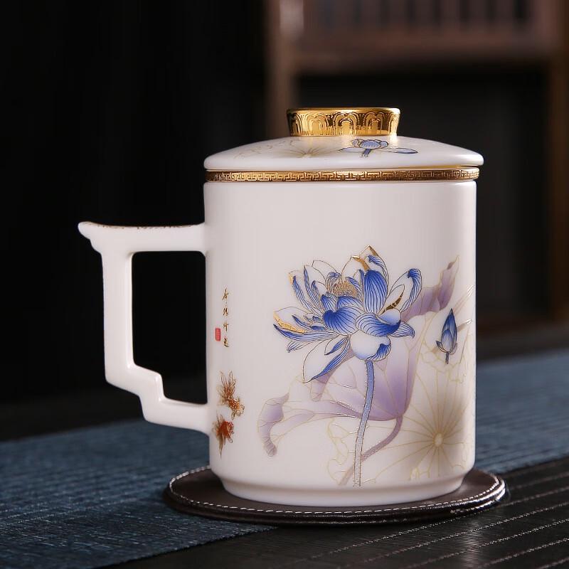 Dehua White Porcelain Tea Infuser Office Mug - Lotus Wen Xuan