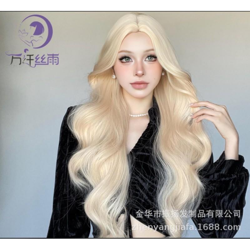 Long Wavy Synthetic Wig With Middle Part Golden Blonde Curly Hairpiece Women Heat Resistant Fiber 65cm Length Universal