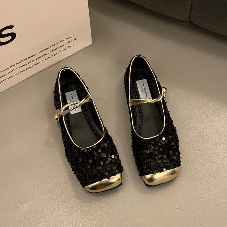 Xiaoxiangfeng shallow mouth single shoes female spring and autumn new lace sequins French fairy gentle evening soft flat bottom Mary Jane