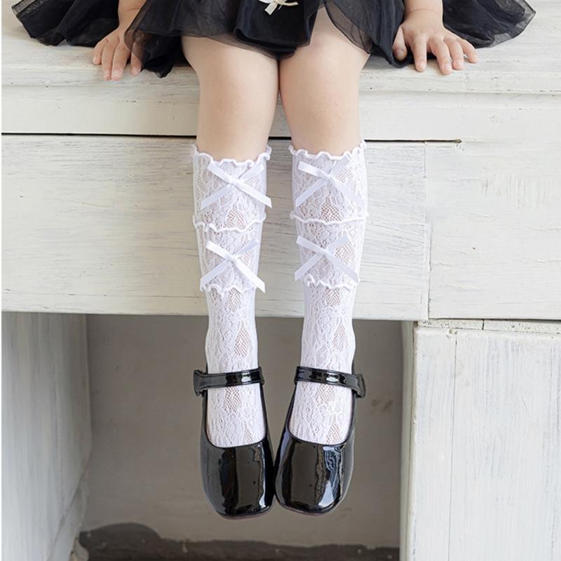 Cotton Girls Socks, Spring Thin Style In Tube Socks 3-Layer Lace Bowknot Charm Stackable for Kids 3-13T