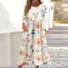 Women's Casual Round Neck Floral Print Midi Dress Long Sleeve Pocket Dress