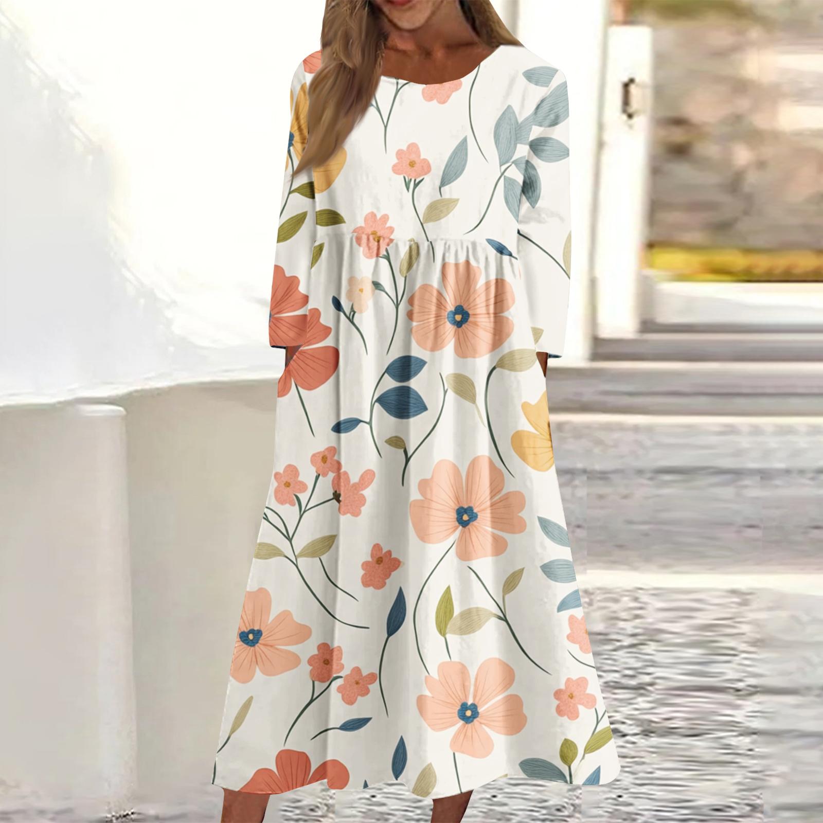 

Женское повседневное миди-платье с круглым вырезом и цветочным принтом, с длинным рукавом и карманами L бежевый