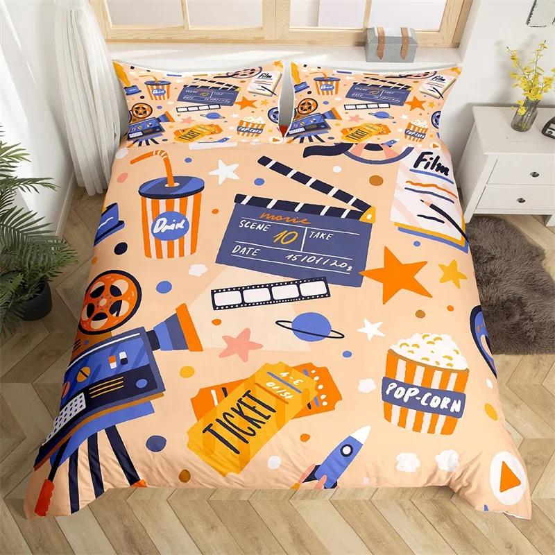 Movie Time Duvet Cover Set Cartoon Popcorn Bedding Set Microfiber Film Pattern Comforter Cover Home Theater Decor Queen Bed Set