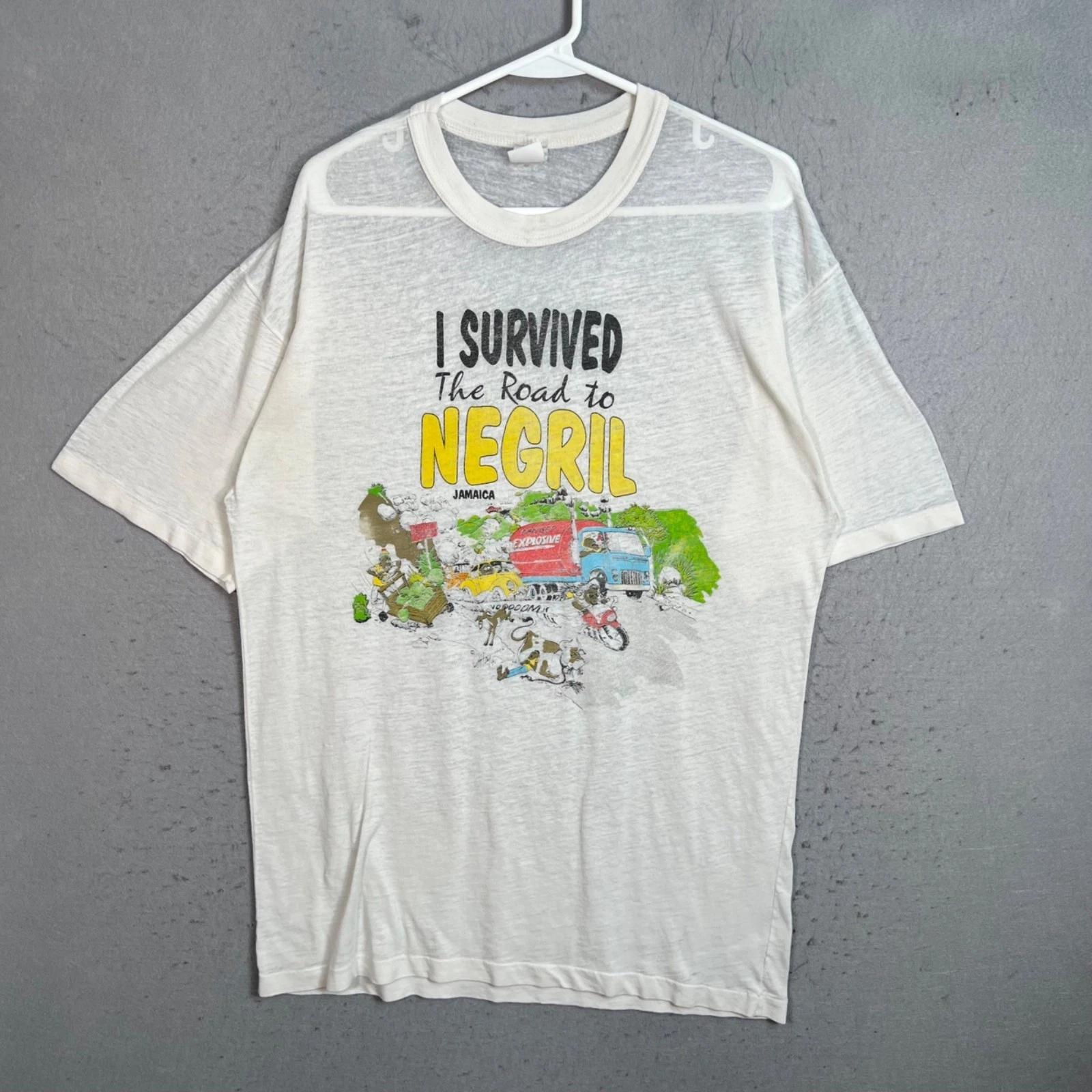 

Vintage 80s I Survived The Road To Negril Jamaica Graphic T-Shirt White Large 2XL