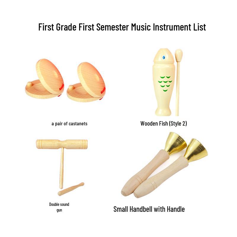 Children's Orff Percussion Instruments: Triangle, Castanets, Maracas, Tambourine, Wood Block, Cymbals