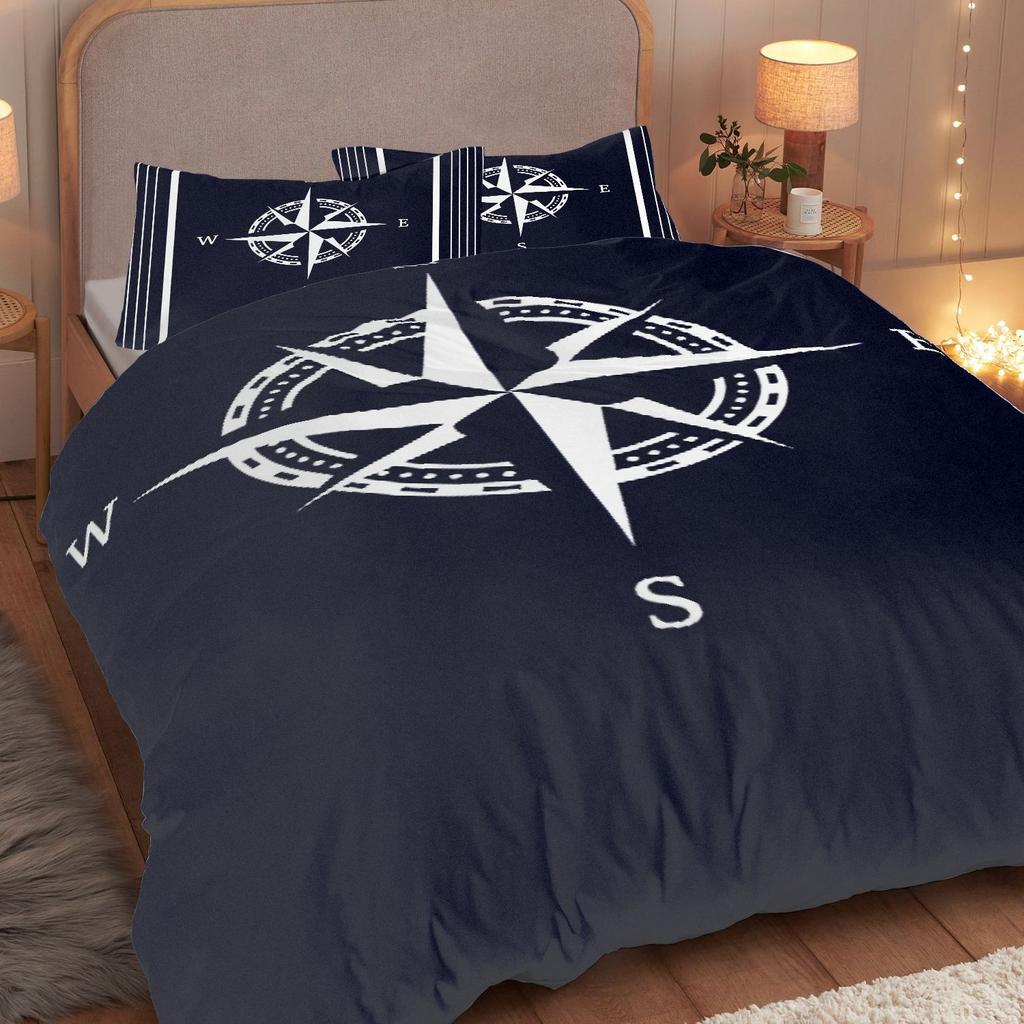 Nautical Compass Bedding Set, Navy Blue & White Nautical Print Duvet Cover with Pillowcases, 3-Piece Bed Linen for Bedroom Decor