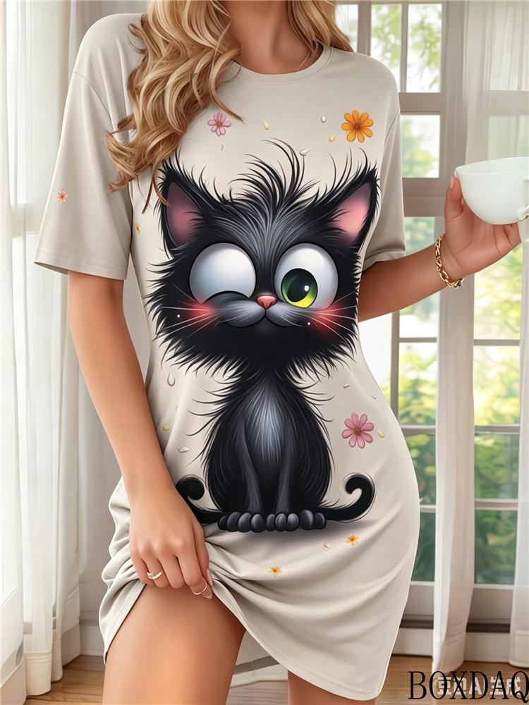 2026 Short Sleeved Round Neck Women's Dress With Cute Cat Pattern Print Loose Casual Fashionable Home Dresses