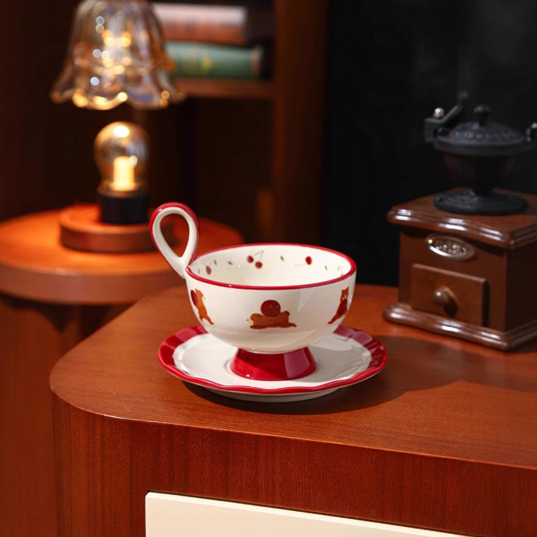 

Cute antenna cherry bear coffee cup saucer premium medium and ancient style afternoon teacup latte cup water cup birthday gift 300ml