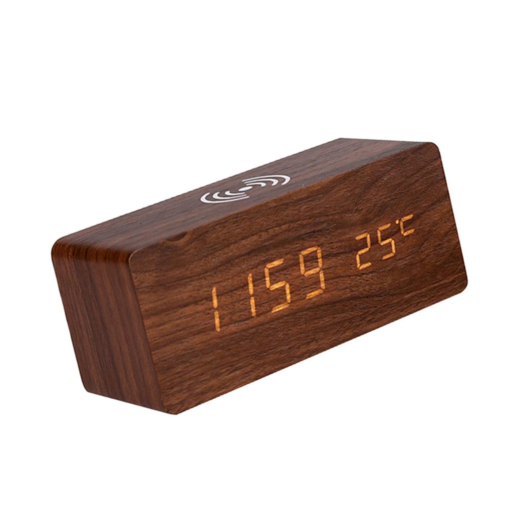 Digital Wooden Alarm Clock Electronic LED Time Display for Bedroom 10W Wireless Charging 3 Alarm Settings Date&Temp