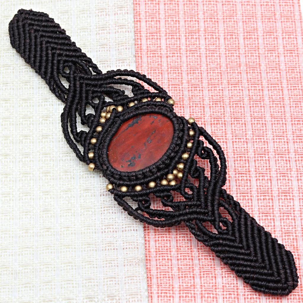 Macrame Red Bracelet Jasper Crystal Pendant Handmade Natural Thread Bohemian