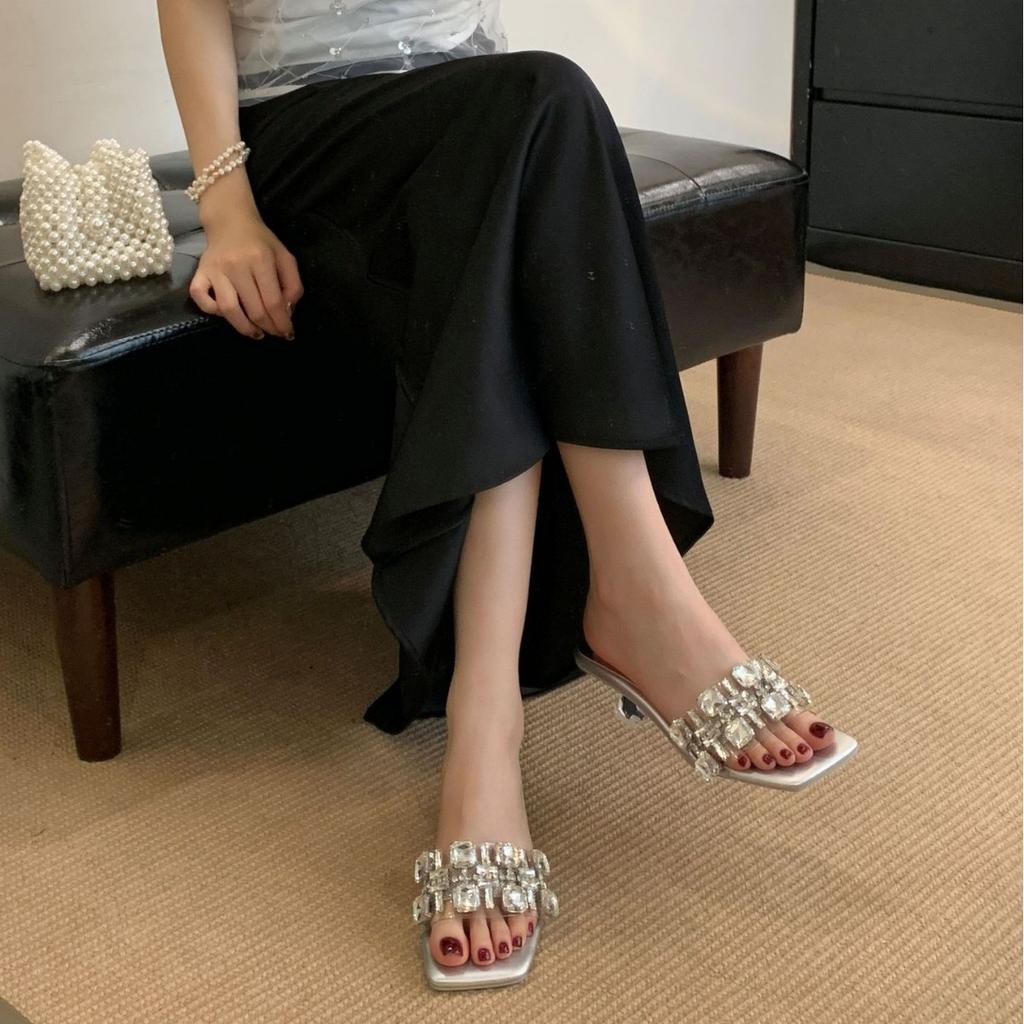 Fashion Square Heel Slippers Women Summer Shoes Pantofle Low Glitter Slides Block 2025 Jelly Rubber Crystal Hoof Heels Fabric Rome PU