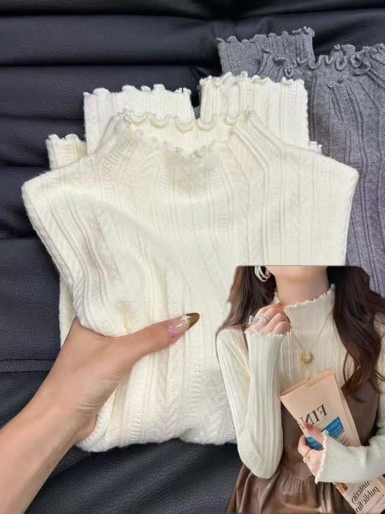 Korean Autumn and Winter New Fungus Lace Solid Color Long-sleeved Knitted Pullover Women's Basic Knitted Bottoming Shirt