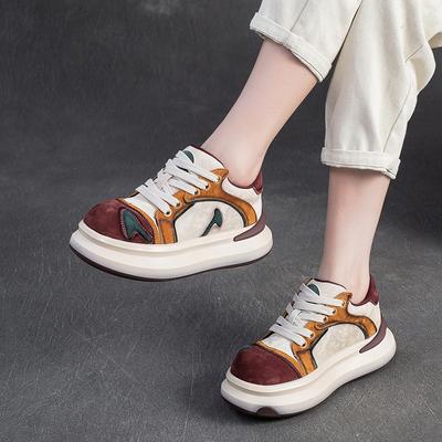 Mode GKTINOO Schnürschuhe Damen Sneaker Echtes Leder Mischfarben Frühling Herbst Handgefertigt Bequem Retro Plateau-Sneaker