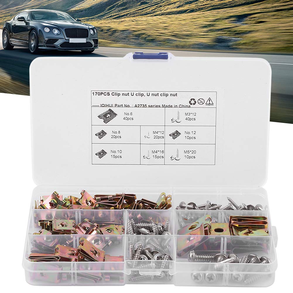 Car U Clip, Automotive U Type Nut Screw Clip Metal Body Panel Clip Interior Trim Fasteners with Stainless Steel Screws Assortment Kit for Motorcycle