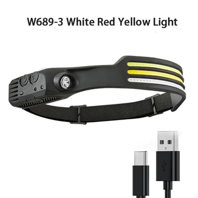 Latarka czołowa z wbudowanym akumulatorem ładowanym przez USB, latarka czołowa COB LED, latarka z czujnikiem, latarka, latarka, wędkowanie