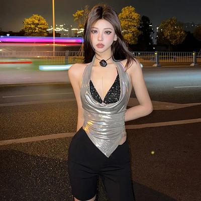 Hot Girls In Nightclubs Wear Sexy Deep V Strappy Vests with Hollow and Versatile Halter Neck Straps