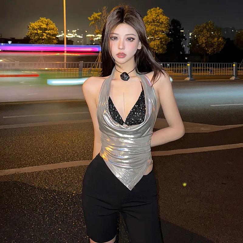 

Hot Girls in Nightclubs Wear Sexy Deep V Strappy Vests with Hollow and Versatile Halter Neck Straps S серебряный