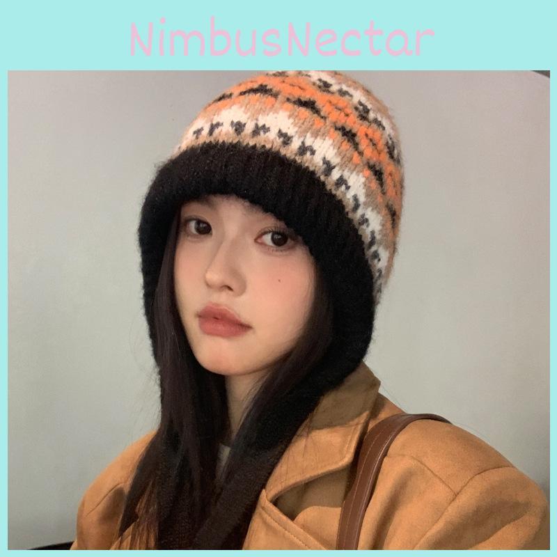 Retro Colorblock Beanie Hat For Women Winter Warmth And Earmuff Protection