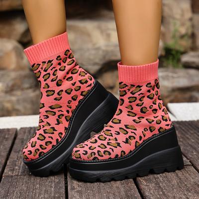 Women Punk Ankle Boots Platform Leopard Design Motorcycle Boots Lace Up Block Heel Shoes Comfortable Casual Outdoor Stretch Shoe