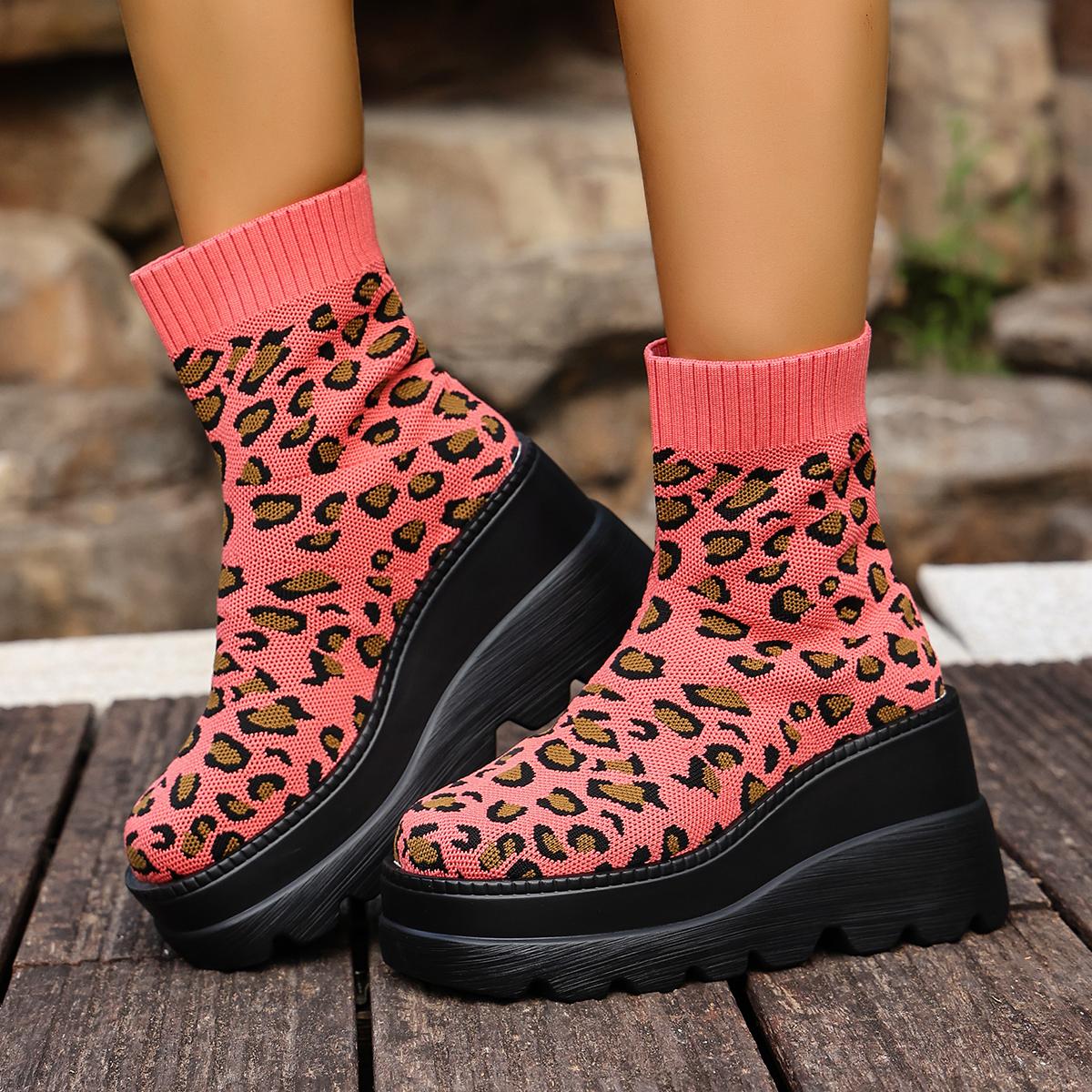 Women Punk Ankle Boots Platform Leopard Design Motorcycle Boots Lace Up Block Heel Shoes Comfortable Casual Outdoor Stretch Shoe 36 8139₽