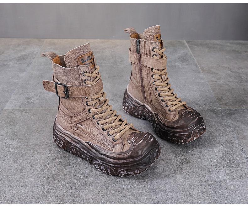 Damen Vintage Leder Motorrad Stiefeletten - Dicke Sohle, Martin Stil, Herbst/Winter Kollektion, Plus Baumwollfutter.