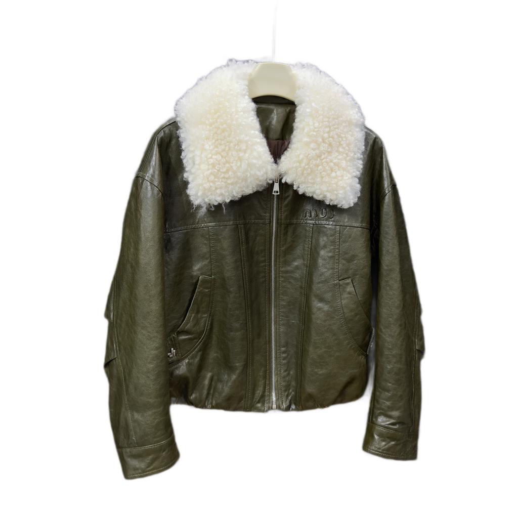 Retro lamb wool collar leather jacket down jacket women's short loose and thin motorcycle jacket autumn and winter new