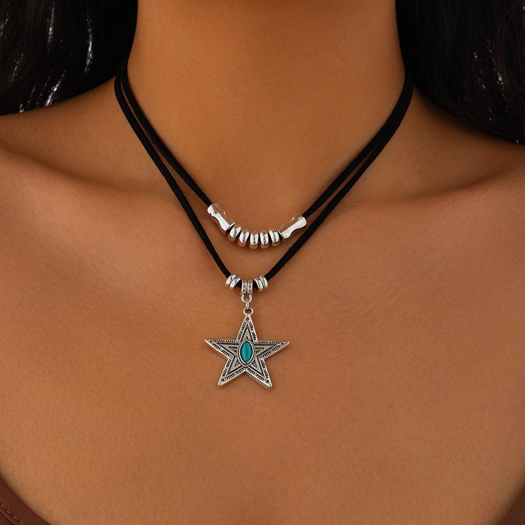 Ethnic Style Irregular Turquoise Cactus Necklace, Retro Metal Love Flannel Necklace