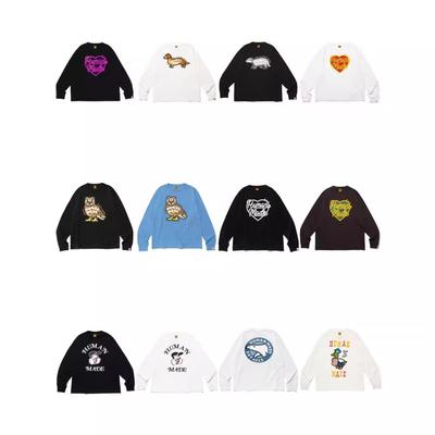 Unisex Crew Neck Long Sleeve T Shirt Human Made Cartoon Animal Heart Print Loose Cotton Couple Basic Fall Base Tee