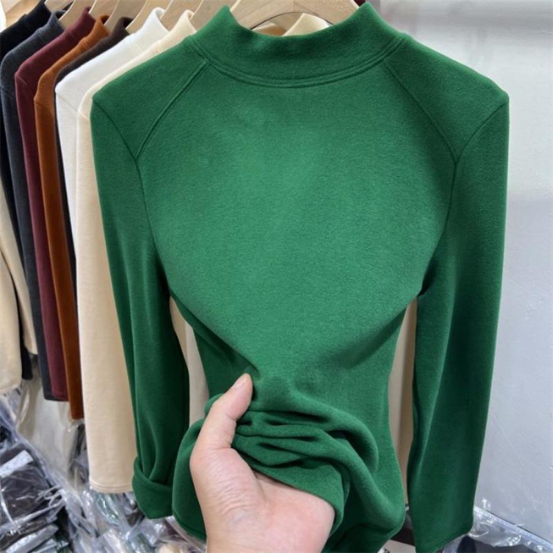 Solid Color German Fleece Polished Warm Semi-turtleneck Bottoming Shirt Women's Autumn and Winter Slim-fitting Fleece Long-sleeved T-shirt