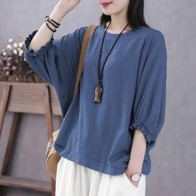 Pullovers Tops Women Solid Color Blouse Oversized Loose Cropped Sleeve Shirt Slim Pullover Tops