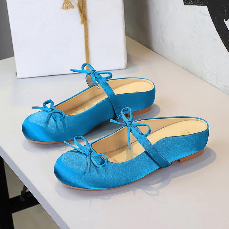 French Satin Bow With One Strap With Shallow Mouth Half-Tugging Women's Hollow Inner Heightened Round-Head Sandals Comfortable