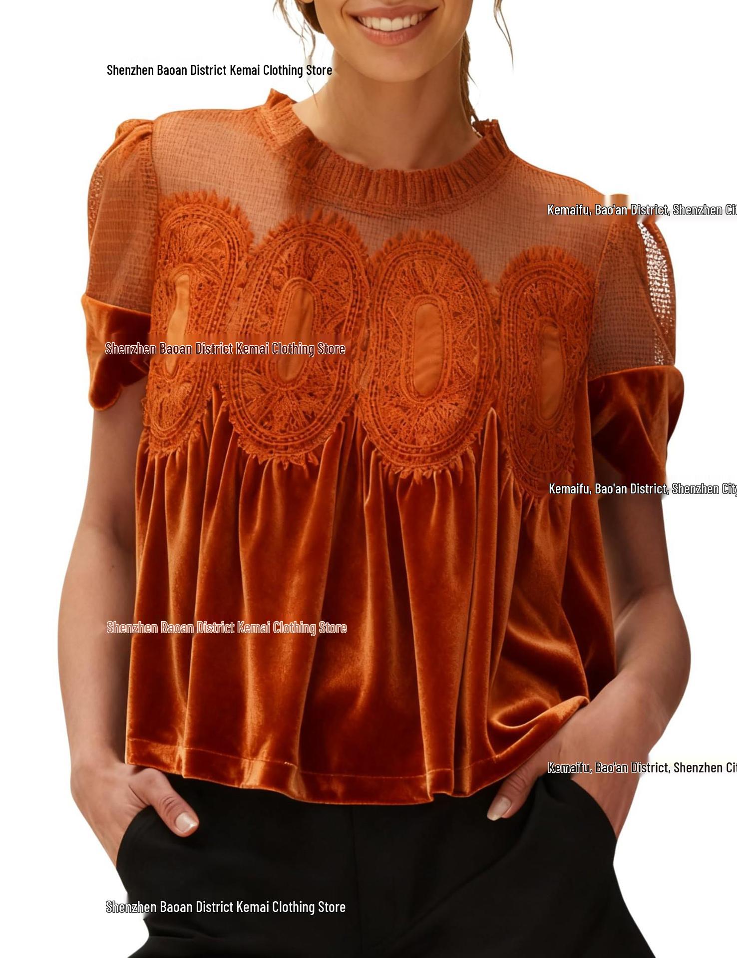 Европейский и американский весенне-осенний топ с воротником-грибом, плиссировкой, кружевной аппликацией, элегантный женский топ M оранжевый