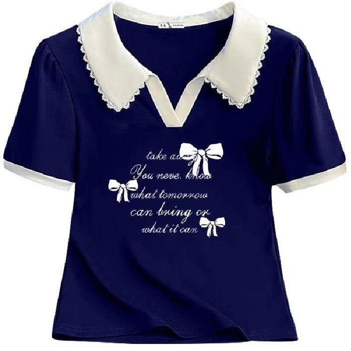 

A New Summer Fashion Short-sleeved T-shirt with Contrasting Color Lace Trim and POLO Collar for Women one size королівський синій колір