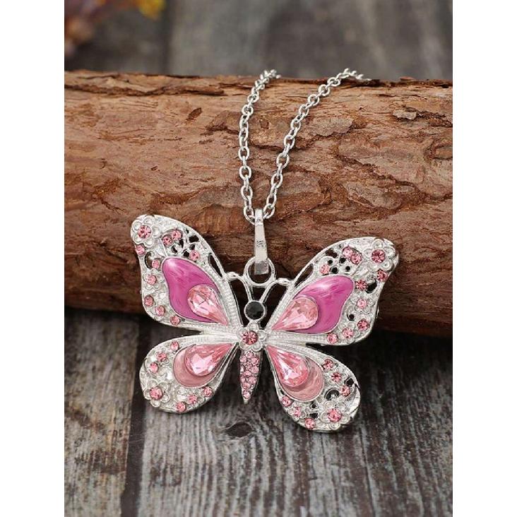 1pc Heavy-Duty Hollow Butterfly Pendant Necklace, Oil-Drip Inlaid Artificial Rhinestone Vintage Fashion Necklace