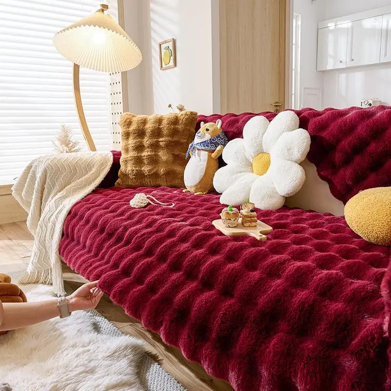 Bubble Rabbit Long Hair Plush Sofa Mat Winter Thickened Simple Anti Slip Cushion Sofa Backrest Towel Wholesale L Seat Cover