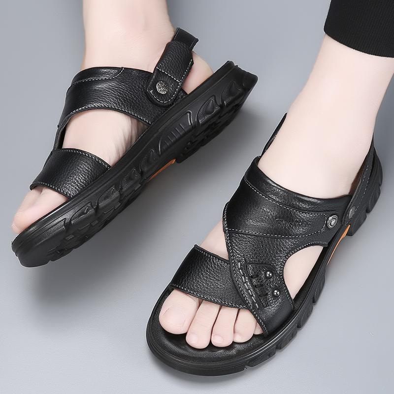 Fashion Mens Open Toe Cowhide Sandals Fashion Business Genuine Leather Casual Slippers Men Summer Flat Shoes Luxury Brand Roman Slippers