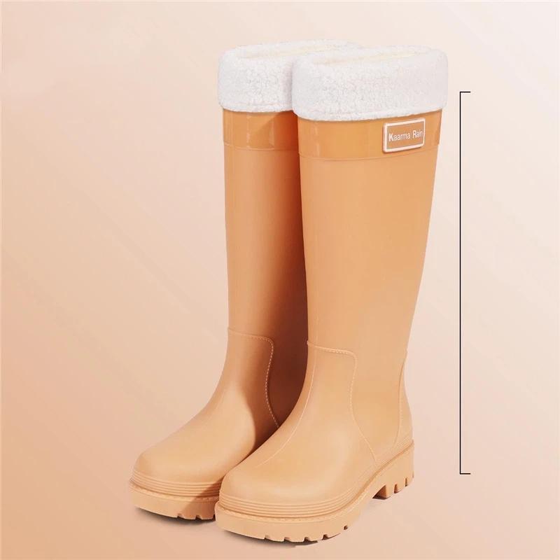 Damen Outdoor Wasserdicht Rutschfest Und Baumwolle Warm Hoher Schaft Regenstiefel 39-40 braun