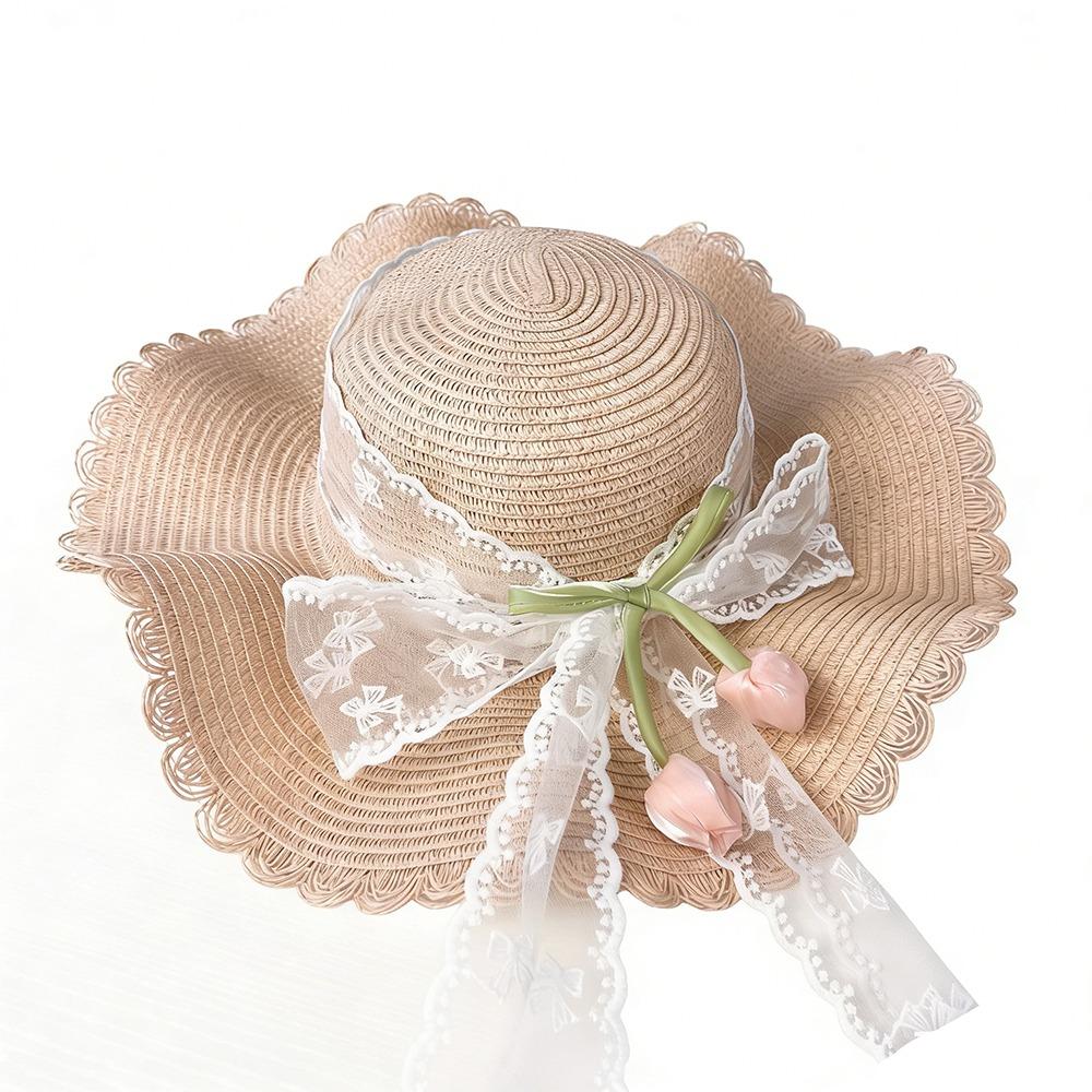 Sweet Lightweight Straw Hat Lace Bow Woven Straw Sun Hat Flat Top Breathable Beach Hat Summer